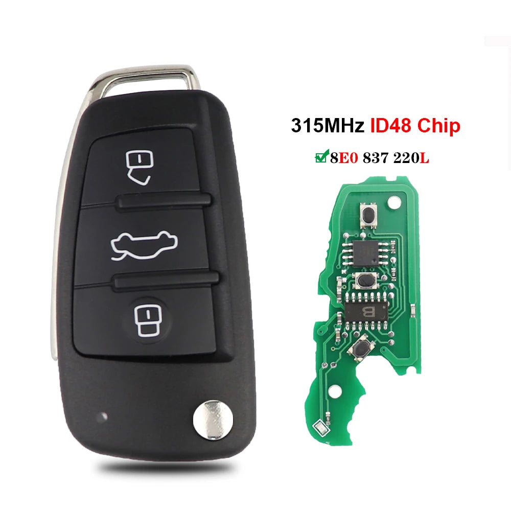 High-Quality 315/433Mhz Audi Remote Car Key ID48 for Q7 B7 Q3 A3 TT A2 A8 A6 A6L A4 S5 C5 C6 B6 A4L A5 Q5 S RS Models - Uncut Blade, No Logo 8E0837220L 315Mhz