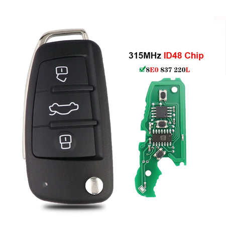 High-Quality 315/433Mhz Audi Remote Car Key ID48 for Q7 B7 Q3 A3 TT A2 A8 A6 A6L A4 S5 C5 C6 B6 A4L A5 Q5 S RS Models - Uncut Blade, No Logo 8E0837220L 315Mhz