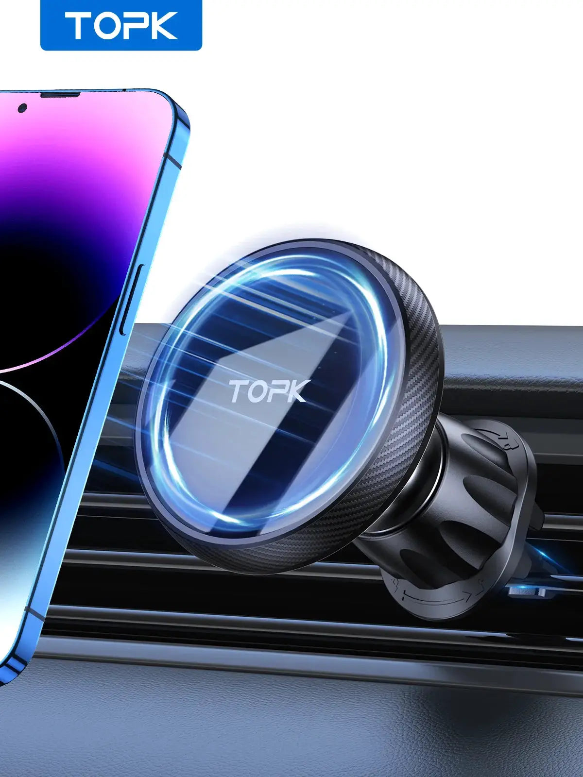 TOPK for Magsafe Car Phone Holder,Powerful Magnetism Premium Quality Single-Hand Operation Metal Hook Magnetic Car Phone Mount by InterCyprus Trading Ltd
