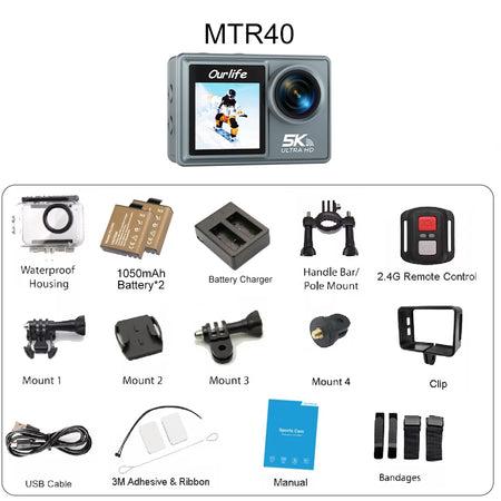 Ourlife MTR40 5K Action Camera &ndash; 170 Degree Waterproof with 5X Zoom MTR40 / With 64GB Card