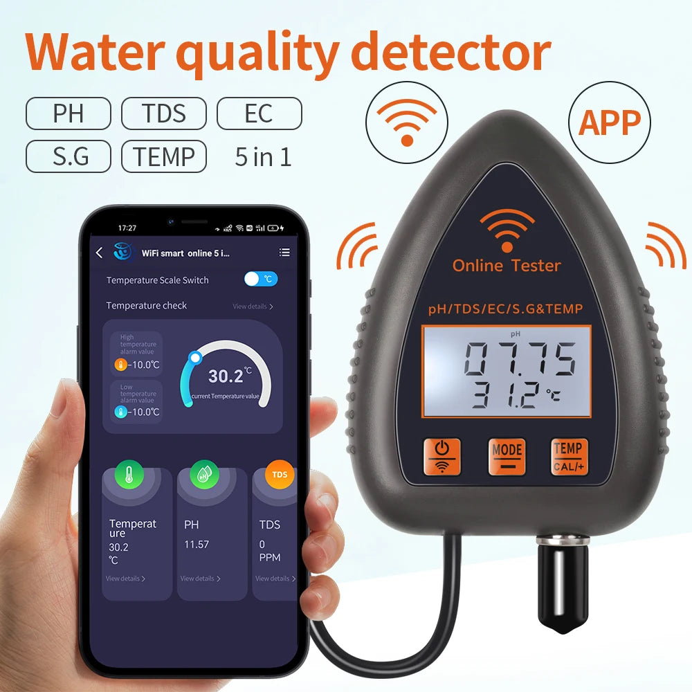 Tuya WiFi 5 In 1 TDS EC Salt SG Temp PH Meter &ndash; App Control