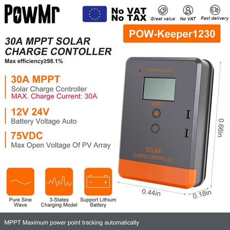 PowMr MPPT Solar Charge Controller &ndash; LCD Display, 12V-48V MPPT 30A / france