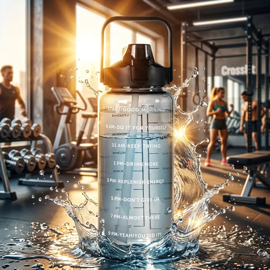Bottiglia d'Acqua da 2L con Cannuccia e Marcatori di Tempo, Bicchiere Sportivo in Plastica per Corsa all'Aperto