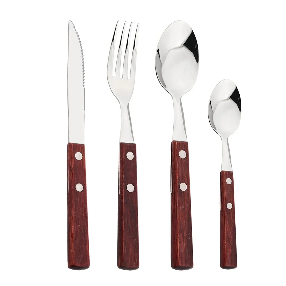 4Pcs Wooden Handle Cutlery Set &ndash; Eco-Friendly Stainless Steel Dinnerware Red Wooden