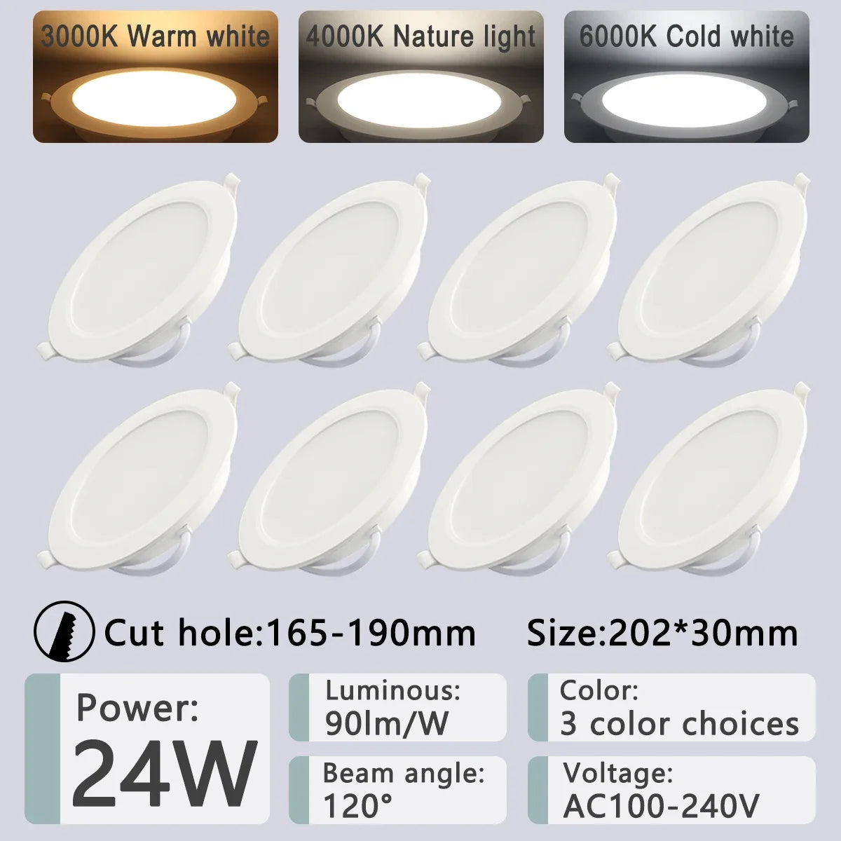 8 Pack Recessed Led Downlight 8 Inch &ndash; Multi Color Temp 24W / Cold white 6000K / AC100-240V