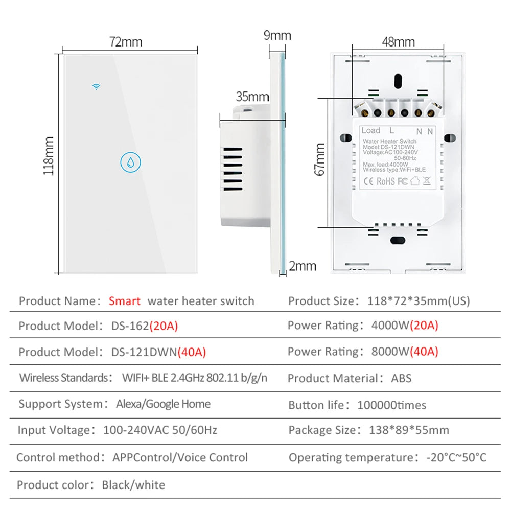 Chevolink 40A Smart WiFi Touch Wall Switch for Water Heater &amp; High-Power Devices