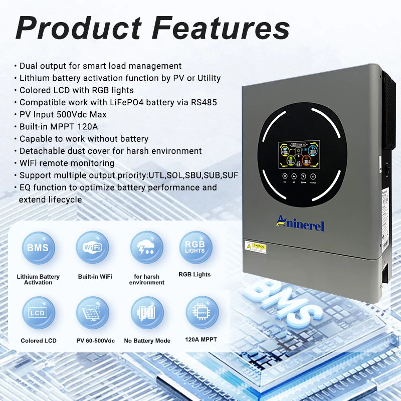Hybrid Solar Inverter 6.2kW 48V 24V Dual Output with LCD Display, MPPT 100A 120A, LiFePO4 Compatible