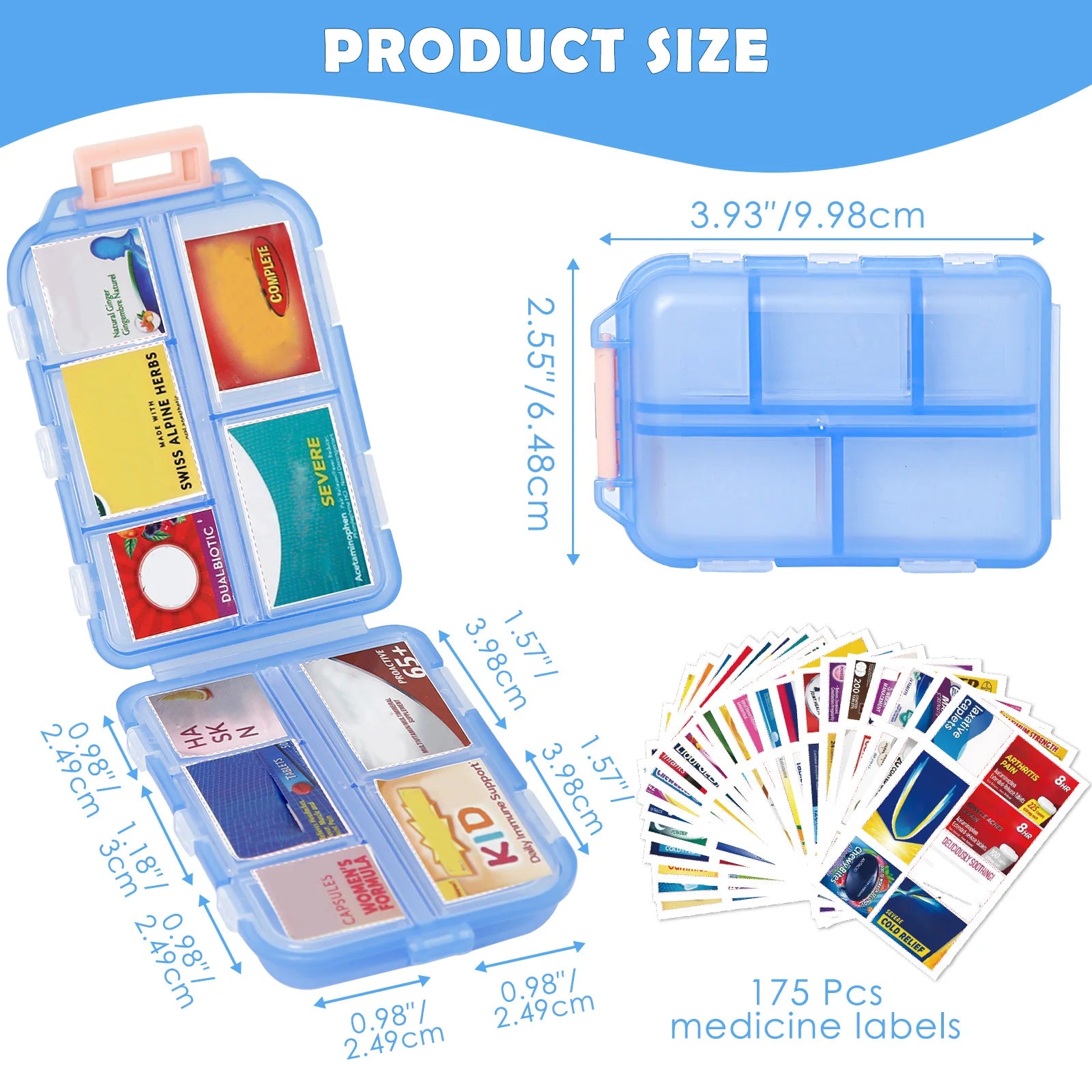 Pill Organizer 10 Compartments &ndash; Includes 175 Labels Blue