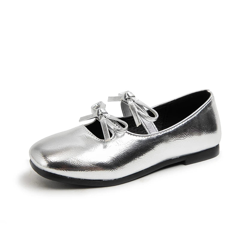 Girls' Classic Leather Ballet Flats with Bow-knot silver / 35