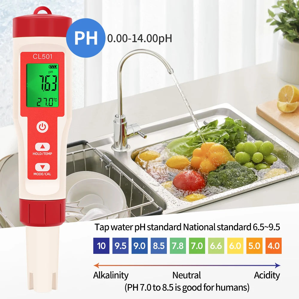PH/CL2/H2/ORP/Temperature Meter Chlorine Detector &ndash; Backlit