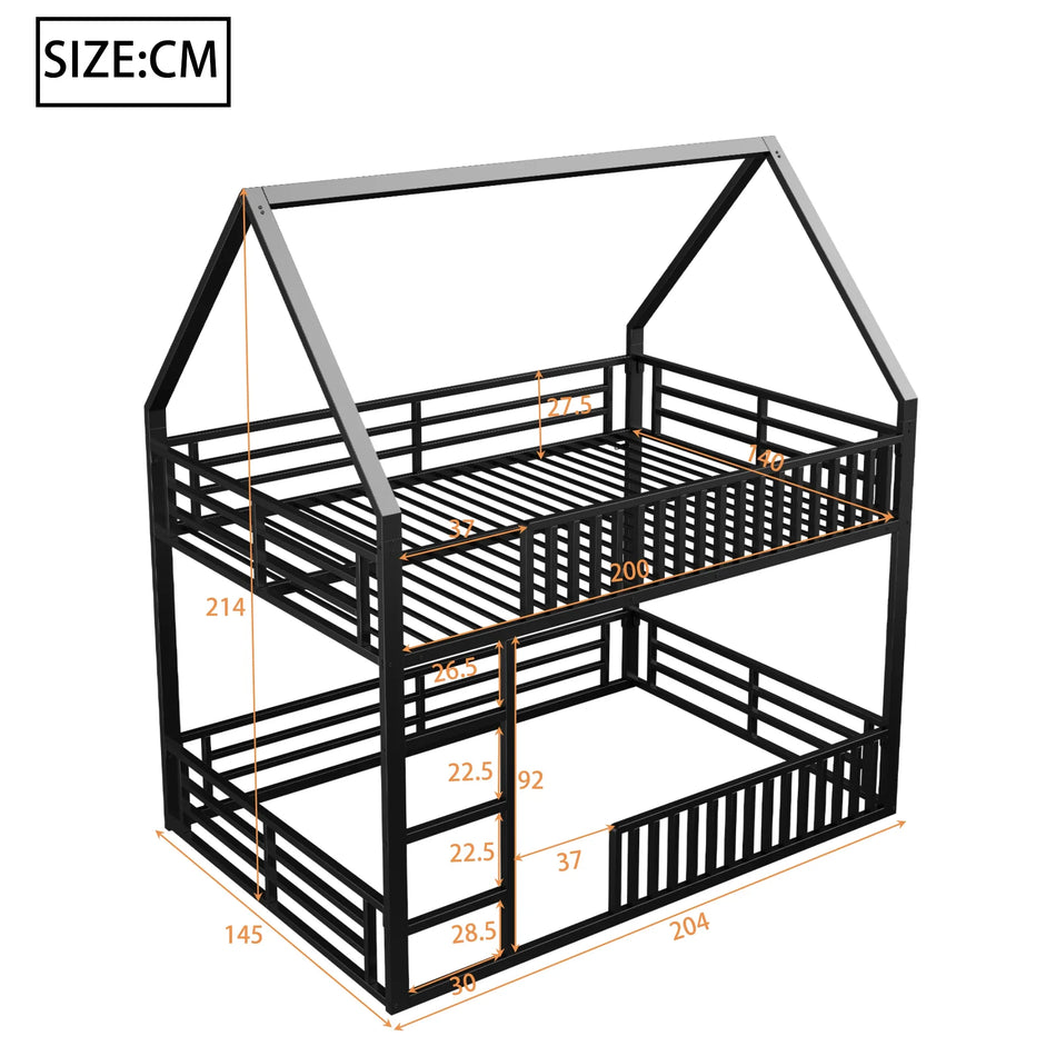Hus Bunk Bed Med Staket Och LED-lampa Svart 140x200 EU