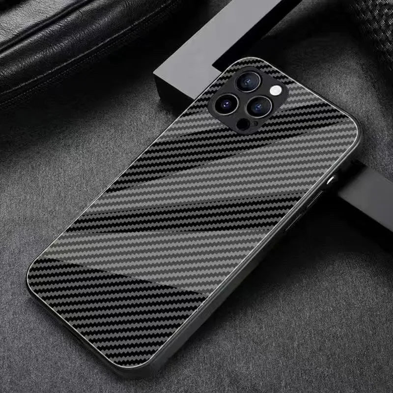 Carbon Fiber Mercedes Benz Logo iPhone Case - Compatible with iPhone 7 to iPhone 16 Pro Max - Black Edge Tempered Glass Cover For No logo / for iPhone 12ProMax
