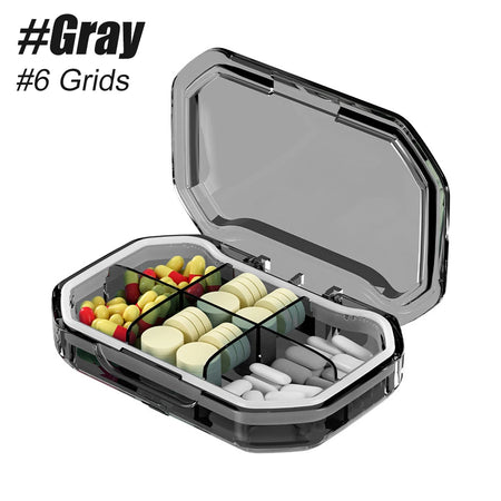 Compartment Small Pill Box &ndash; Compact and Moisture Proof Travel Organizer Gray-6 Grids