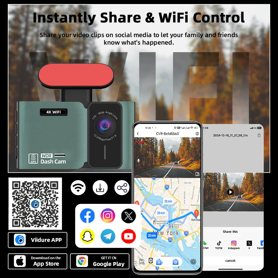 4K Dual Dash Cam WiFi And GPS - Front 4K Rear 2.5K Night