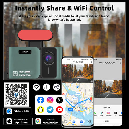 4K Dual Dash Cam WiFi And GPS - Front 4K Rear 2.5K Night