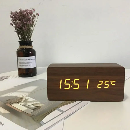 Sleek Wooden Digital Alarm Clock with Voice Control and USB Charging