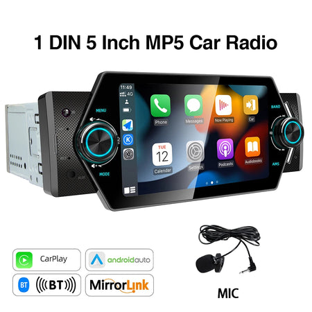1 Din 5 Inch MP5 Car Radio - Wired CarPlay Android Auto With MIC