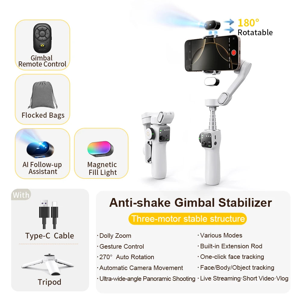 AOCHUAN Handheld Gimbal Stabilizer &ndash; Smooth Face Tracking for Perfect Selfies White Kit