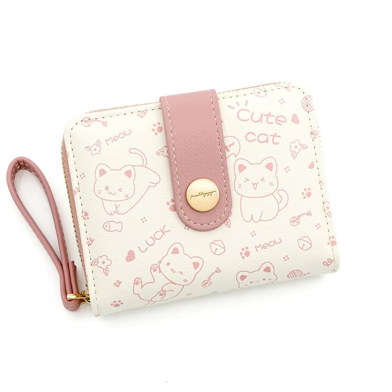 Cute Cat Girl Zipper Wallet for Women &ndash; Fashionable Short Card Holder and Coin Purse Pink