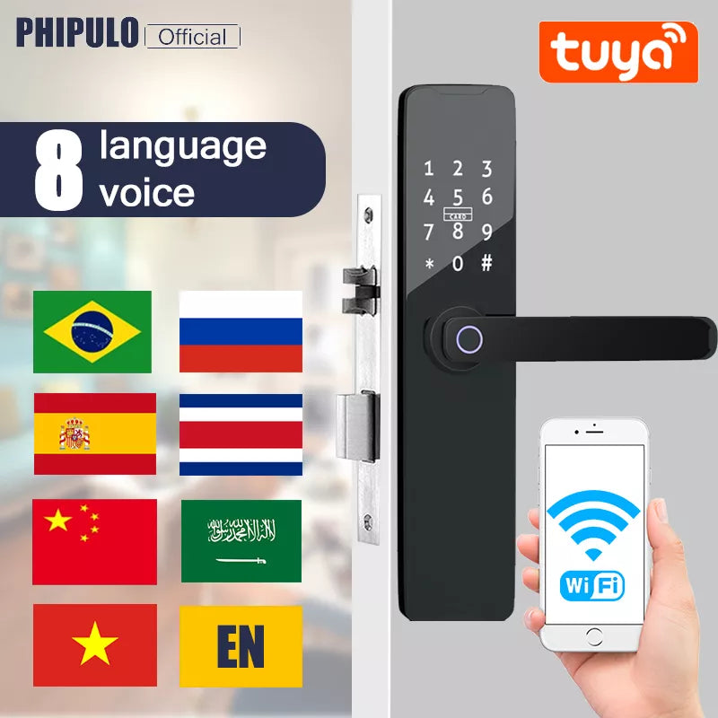 PHIPULO Tuya Wifi Smart Door Lock Digital Electronic Lock with Smart Card/Password/Key/USB Emergency Charging For Smart Home