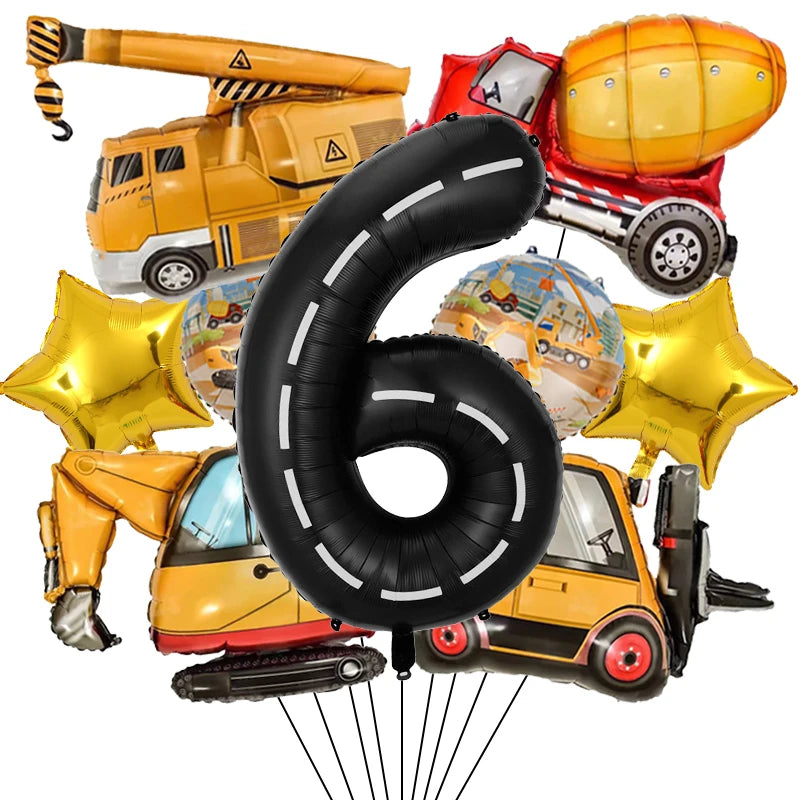 9Pcs/1Set Construction Vehicle Aluminum Film Balloon Excavator Crane 1-9 Digital Balloons Boys Birthday Party Decor Balloons Number6 set / Other