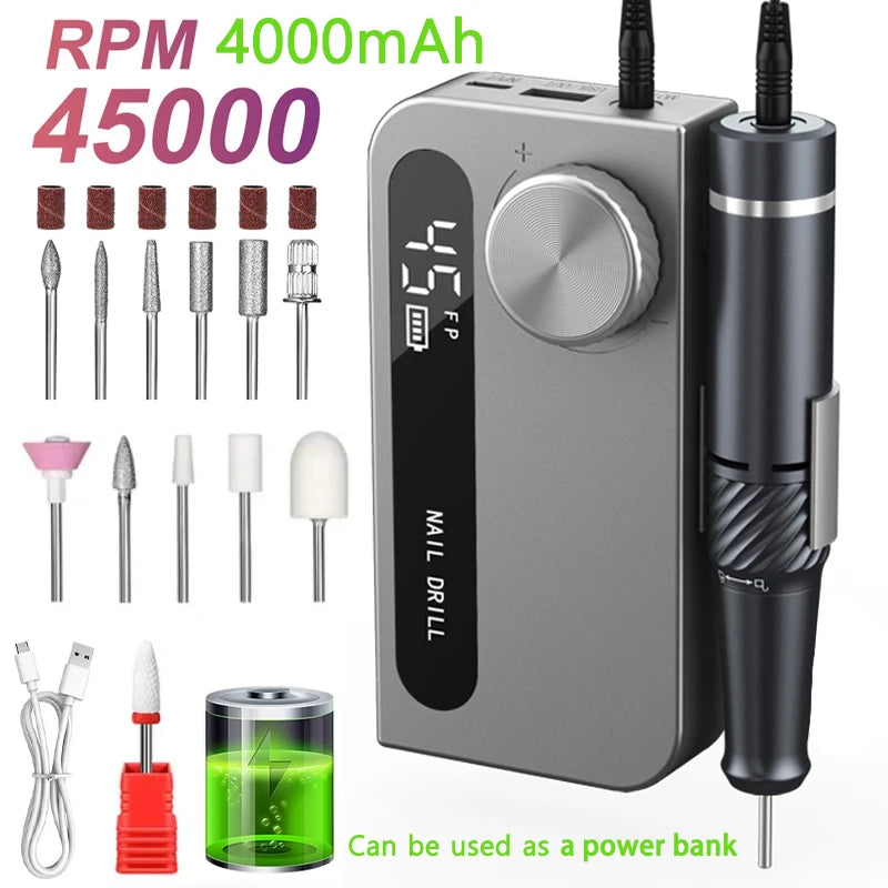 Portable Electric Nail Drill Pro &ndash; Long Battery Life and High Speed 45000RPM
