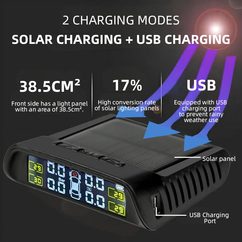 TPMS K42 Solar USB Tire Pressure Monitor - High Precision