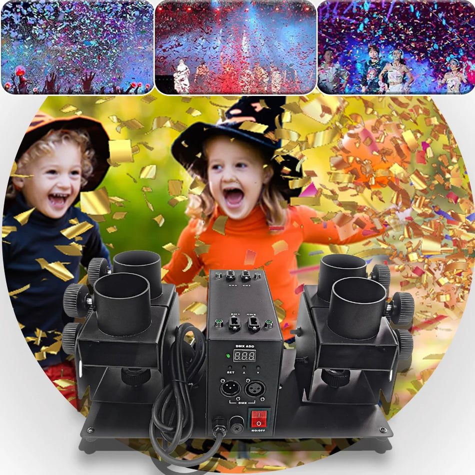 Lançador de Confetes Yuer 50W de Quatro Cabeças DMX com Flor, Serpentinas e Confetes em Pó para Casamentos e Festas