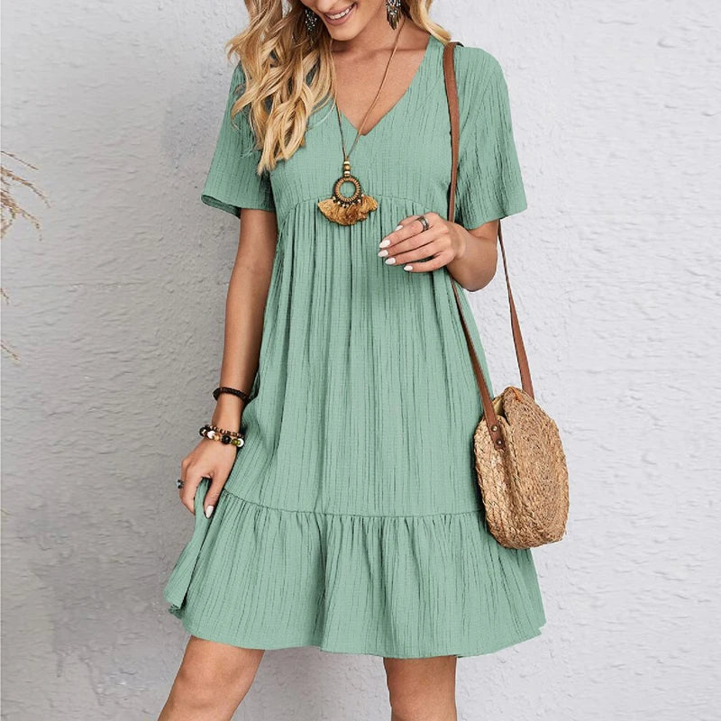 Elegant A-Line Mini Dress with V-Neck and Short Sleeves for Summer