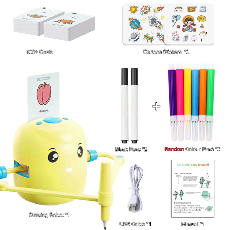 Intelligent Kids Drawing Robot - Educational Art Toy for Girls &amp; Boys - Perfect Birthday Gift with 100 Drawing Cards yellow
