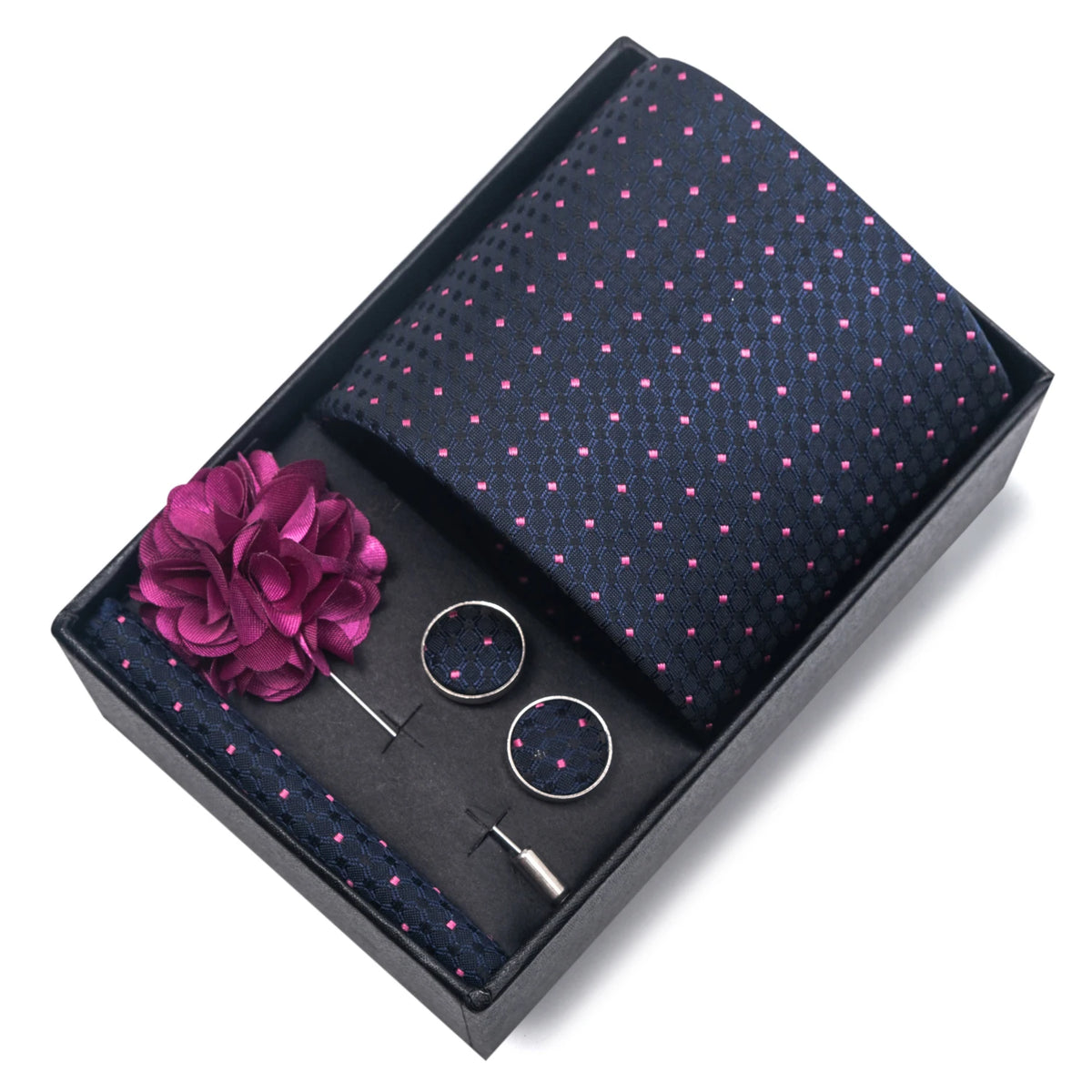 VanGise Red Print Silk Tie Set with Handkerchief and Cufflinks in Gift Box FB273