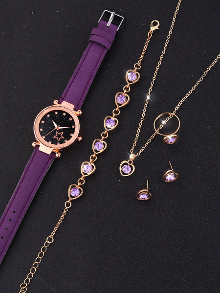 Purple Five-Pointed Star Quartz Watch &amp; Hollow Necklace Set