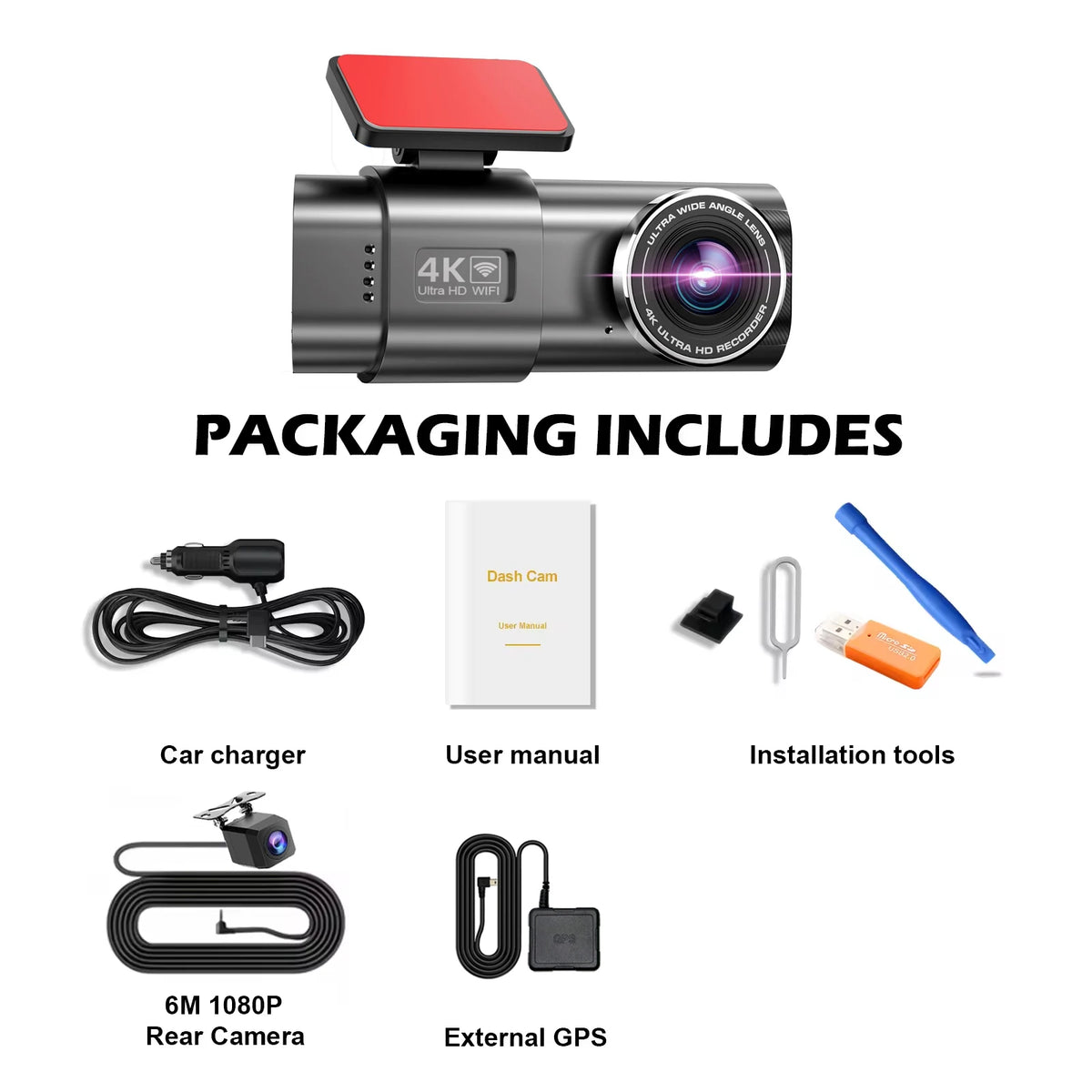 Kocam 4K WIFI Dash Cam &ndash; Dual Lens Front and Rear Recording With Rear Camera / 64G