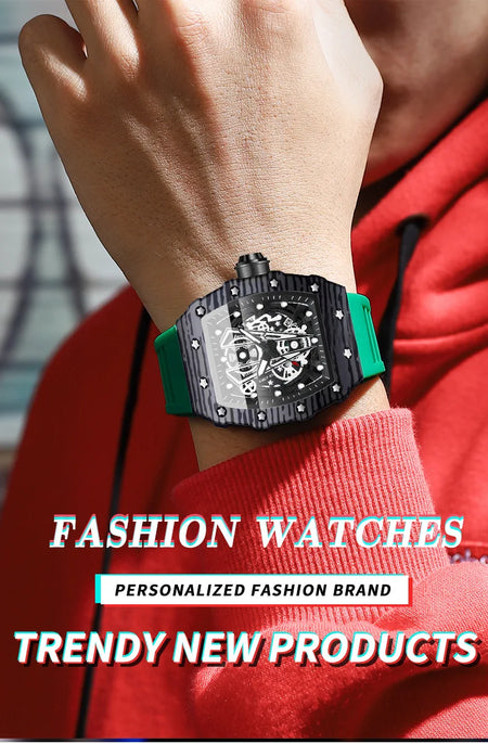 BINBOND Sporty Men's Tonneau Quartz Watch with Hollow Surface and Silicone Strap