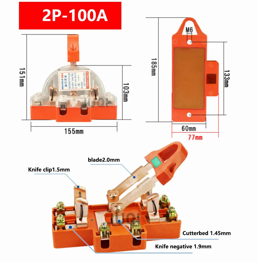 2P Knife Switch 32A 63A 100A &ndash; Double Throw High Power 220V transparent 100A