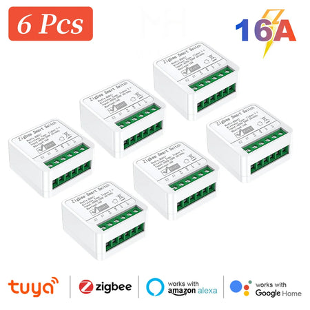 Zigbee2MQTT Zigbee3.0 Mini Smart Light Switch - 2 Way 16A Module, Google Home Compatible Zigbee 6Pcs