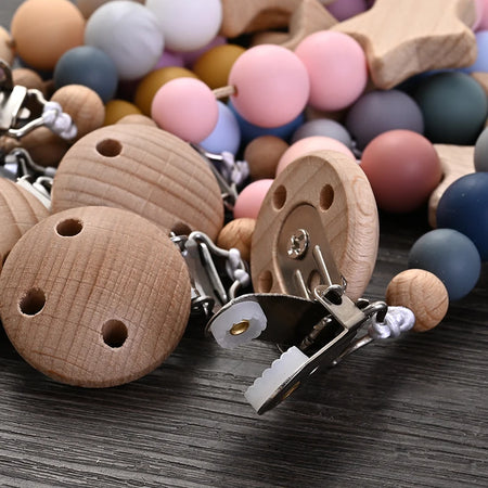 Wooden Pentagram Teether Pacifier Chain with Silicone Beads