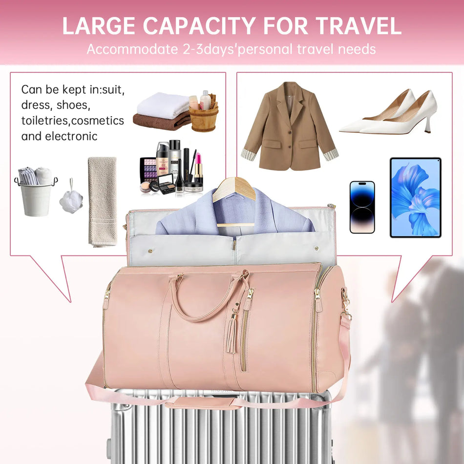 Bolsa de ropa convertible rosa para mujeres de cuero PU para viajar