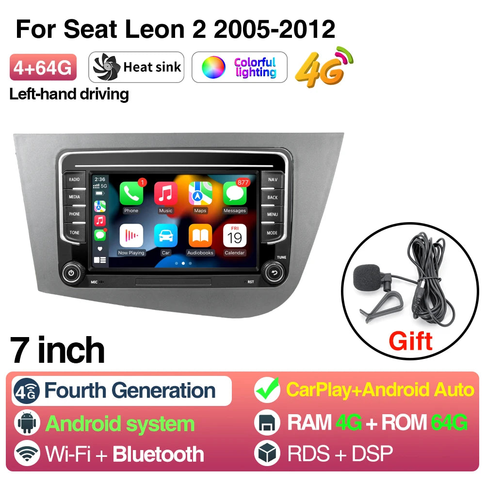 Car Radio For Seat Leon 2 05-12 LHD - CarPlay Android Auto 7inch 4 64G
