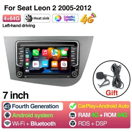 Car Radio For Seat Leon 2 05-12 LHD - CarPlay Android Auto 7inch 4 64G