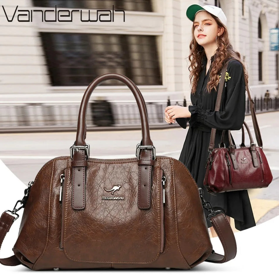 PU Leather Tote Bag For Women, Two Layer Casual Shoulder Crossbody With Zipper, Soft Interior Lining, Multiple Pockets