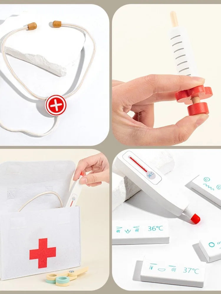 Koka ārsta komplekts bērniem izlikšanās spēlēm ar medicīnas somu