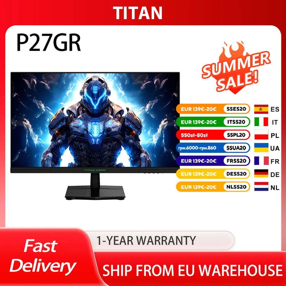 Monitor de Jogos TITAN ARMY P27GR, 27 polegadas 2560x1440 QHD, 180Hz, 1ms GTG, HDR10, 99 por cento sRGB, Adaptive Sync