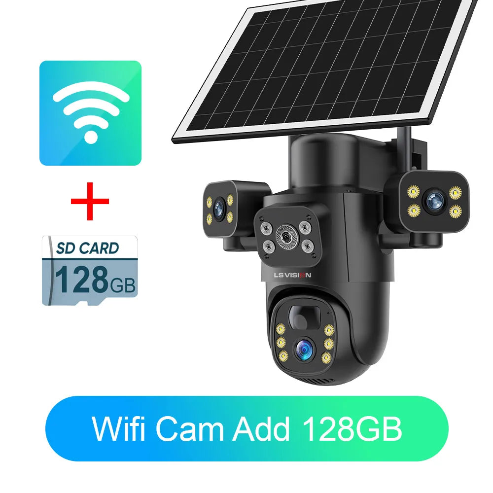 LS VISION 4G / WiFi Solar Camera 3Lenses Outdoor 15MP 4K Low Power Battery IP Camera PIR Night Vision V380 Pro CCTV Security WiFi 10XZoom Add128G / CHINA