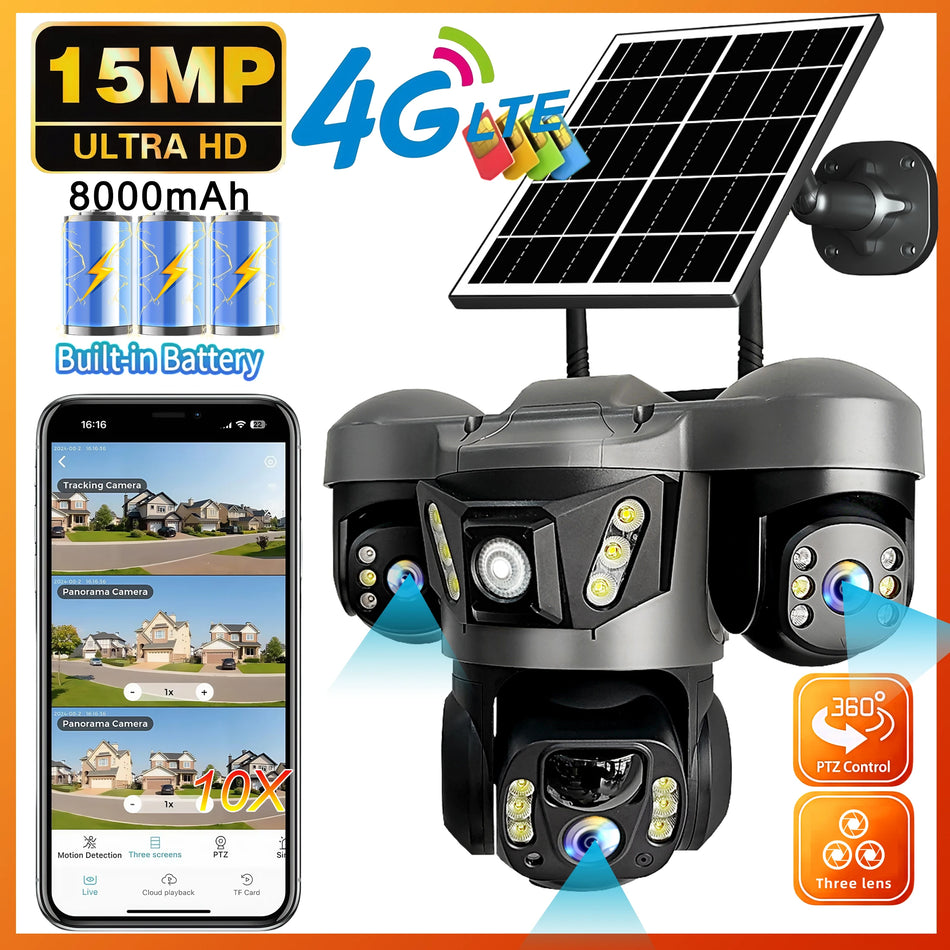V380 Pro 15 MP Solar Camera Three Lens Two-way Audio Outdoor IP66 Waterproof Built-in Battery Security CCTV HD 4G Network Camera