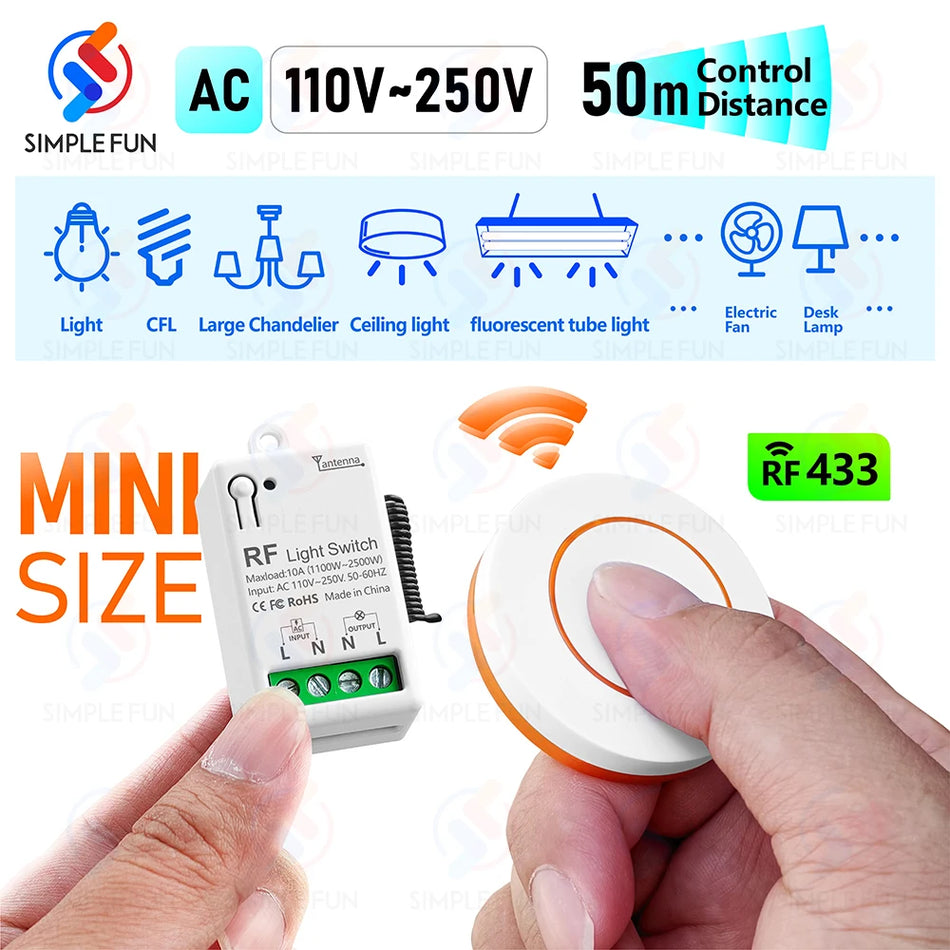 433Mhz Wireless Smart Light Switch - Mini RF Relay Receiver for Remote Control