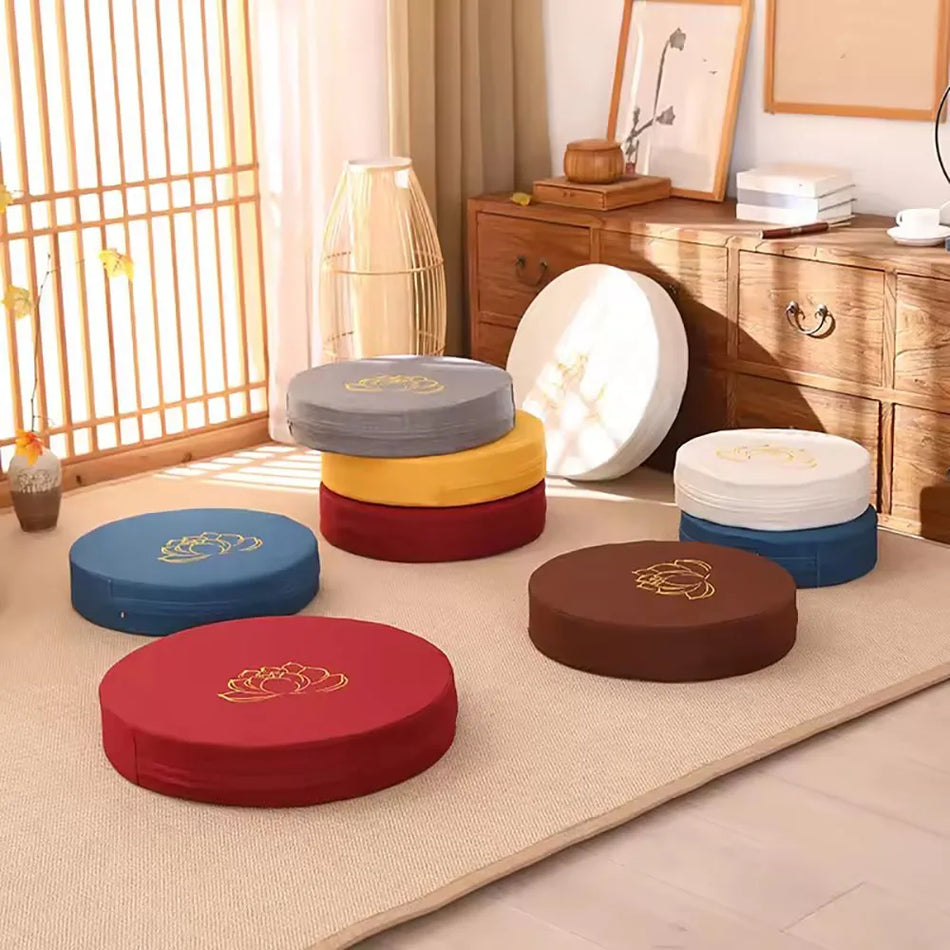 Ronde Linnen Yoga Meditatiekussen Met Geborduurde Lotus 40cm