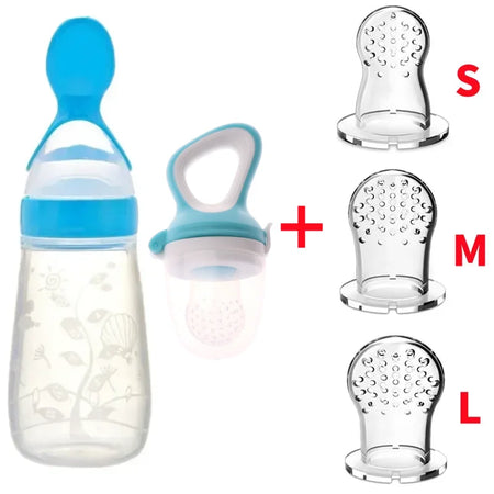 Safe Silicone Baby Feeding Spoon Bottle and Fruit Feeder Kit Blue 5Pcs Set A