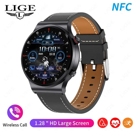 LIGE ECG PPG Bluetooth Call Smart Watch &ndash; AMOLED Full Touch leather black / NFC