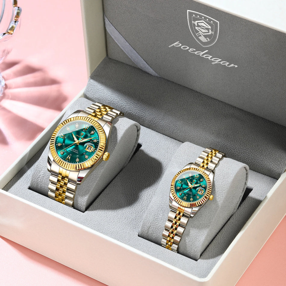 POEDAGAR Luxury Couple Watches with Luminous Date, Quartz, Stainless Steel Box